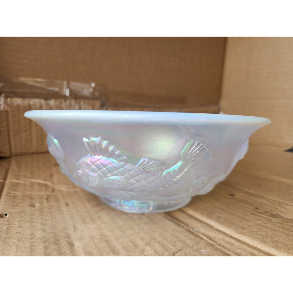 Fenton French Opalescent Iridescent Glass Atlantis Sturgeon Koi Fish Carp Bowl